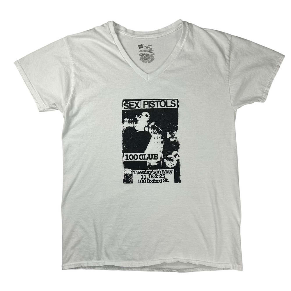 Sex Pistols 100 Club Punk Rock Graphic V-Neck T-Shirt White Mens Medium Hanes
